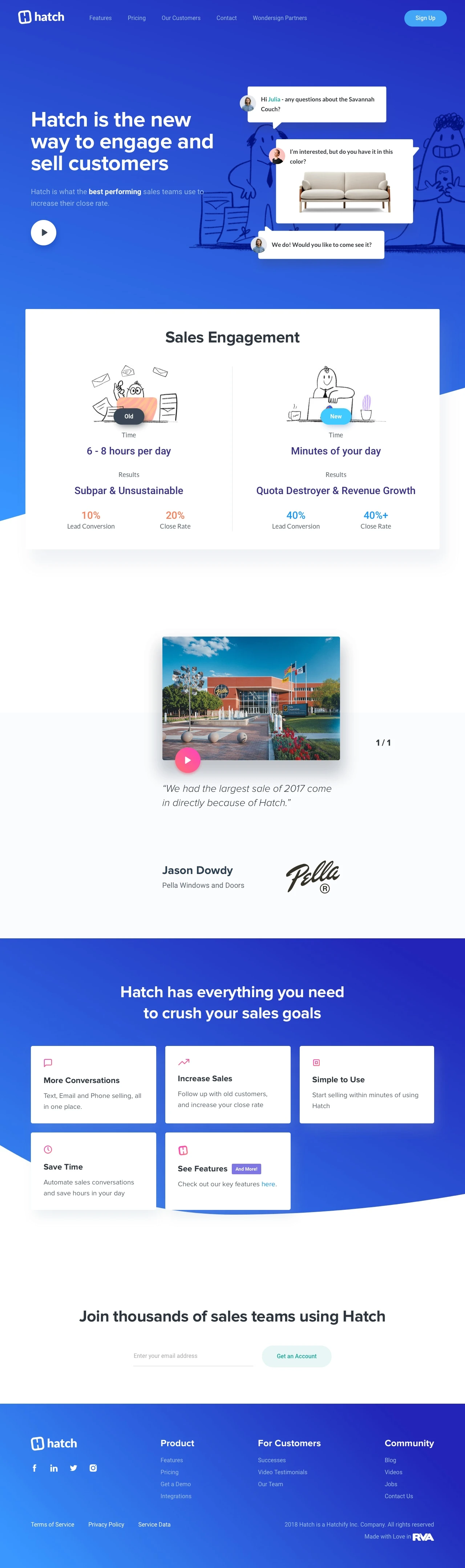 Hatch Landing Page Example: Hatch is the new way to engage and sell customers