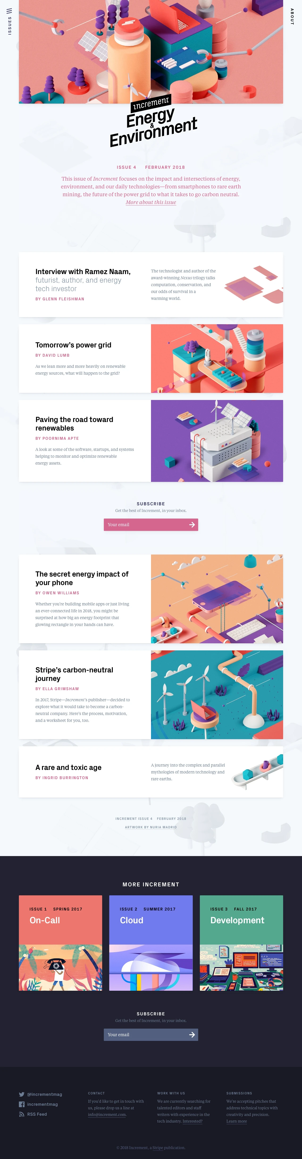 Increment Landing Page Example: This issue of Increment focuses on the impact and intersections of energy, environment, and our daily technologies—from smartphones to rare earth mining, the future of the power grid to what it takes to go carbon neutral.