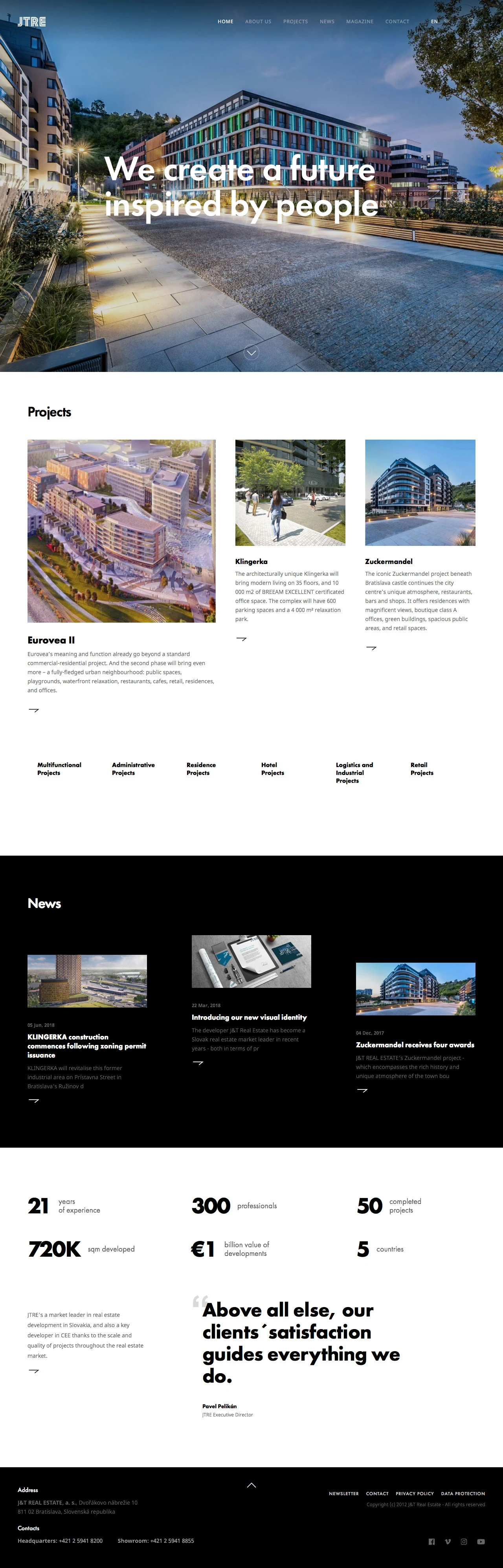 J&T Real Estate Landing Page Example: The company has over 21 years' experience and know-how, over 300 employees, registered offices in three countries and projects in five