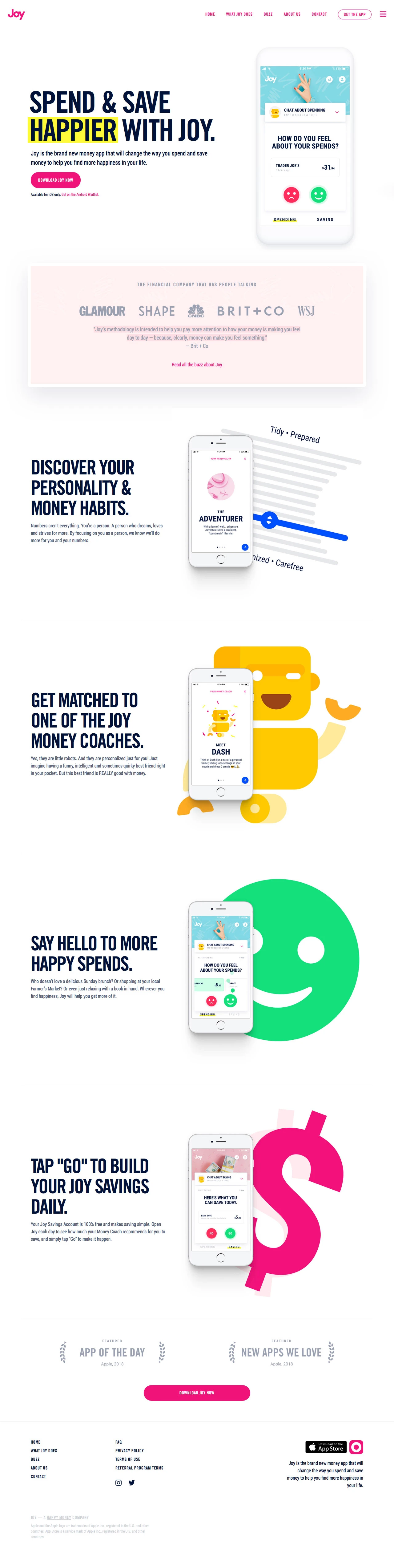 Joy Landing Page Example: The first and only money app that won’t judge you for how you spend your money.