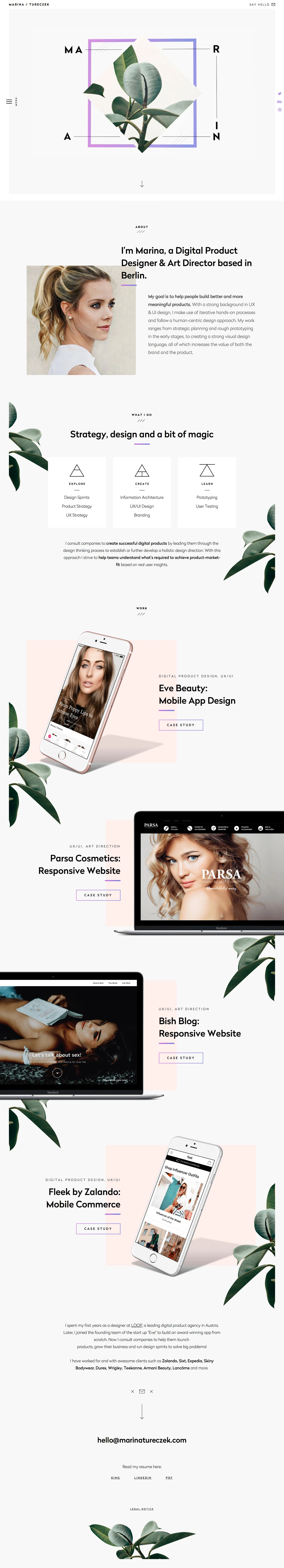 Marina Tureczek Landing Page Example: I’m Marina, a Digital Product Designer & Art Director based in Berlin. With a strong background un UX/UI design, I believe in iterative hands on processes. I run design sprints.
