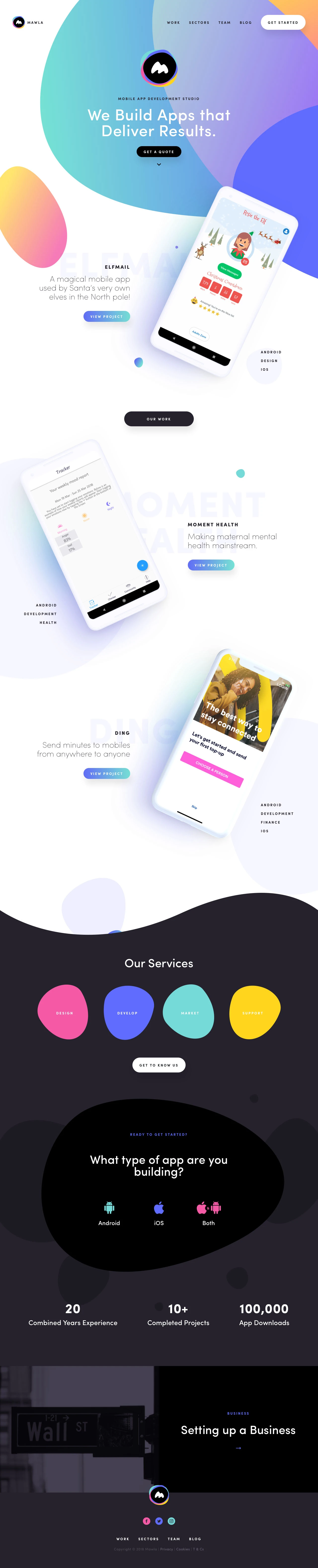 Mawla Landing Page Example: Hi, we're Mawla, a Mobile App Development Studio, based in Dublin Ireland. We're a team that cares about making great products. We specialise in Android and iOS Mobile App Development.