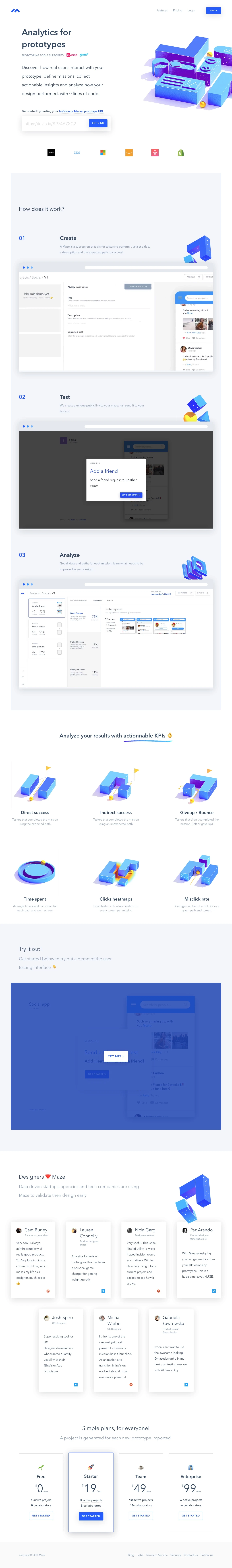 Maze Landing Page Example: Discover how real users interact with your prototype: define missions, collect actionable insights and analyze how your design performed, with 0 lines of code.