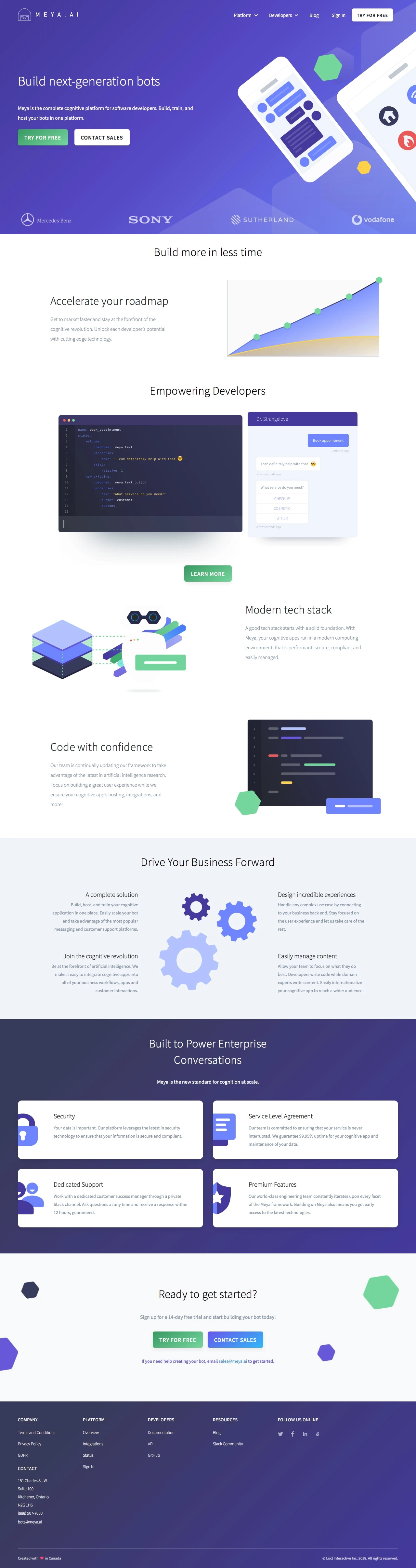 Meya.ai Landing Page Example: Meya.ai is the complete cognitive platform for software developers. From bots to intelligent assistants, deliver something your customers will love.