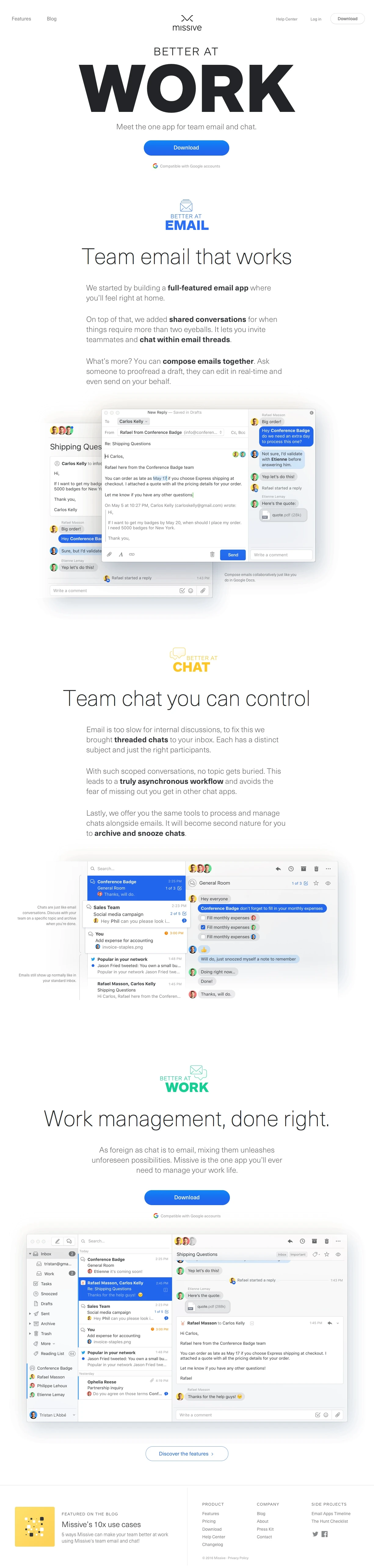 Missive Landing Page Example: Team email and group chat for productive teams. One app for all your internal and external communication. The best work management solution.