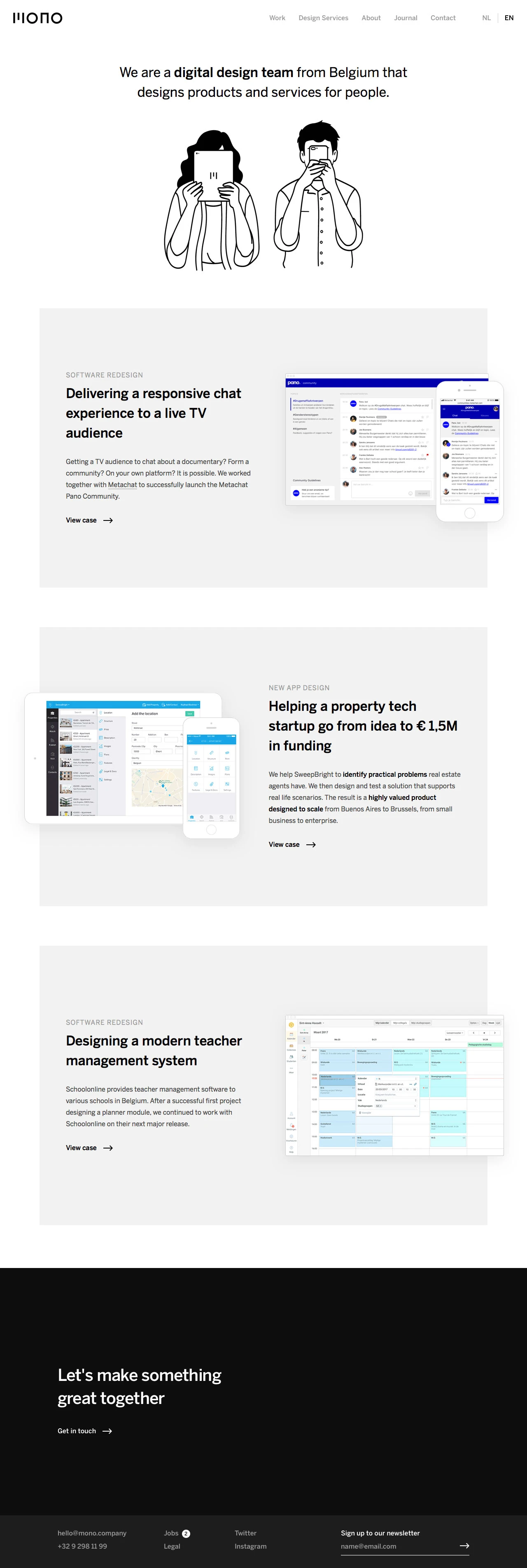 Mono Landing Page Example: We are a digital design team from Belgium that designs products and services for people.