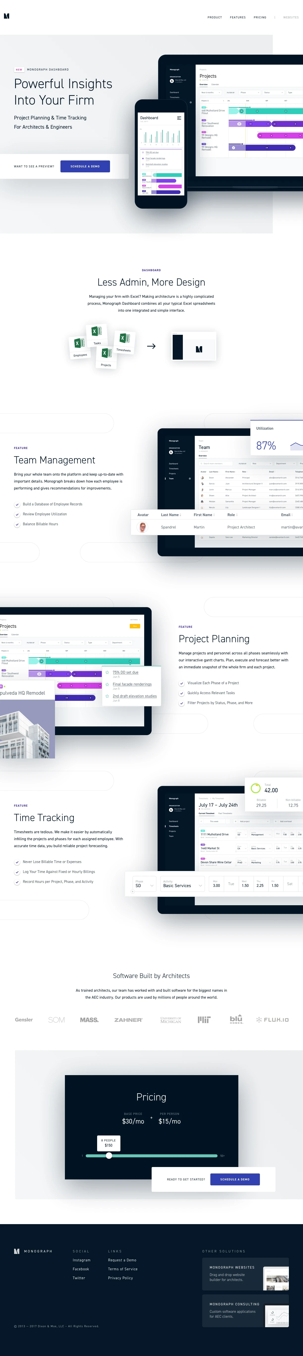 Monograph Landing Page Example: Monograph is project planning and time tracking software for architects and engineers.