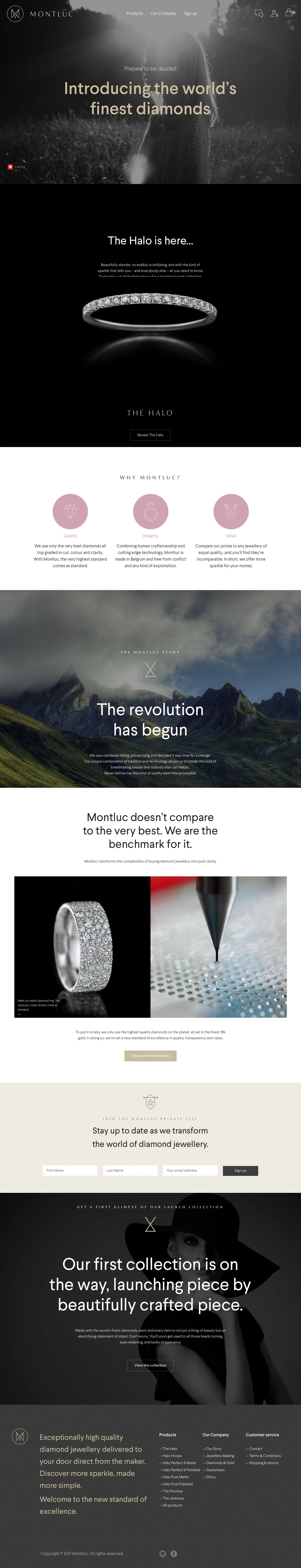 Montluc Landing Page Example: We are Montluc. Dedicated to setting a new standard of excellence in diamond jewellery.