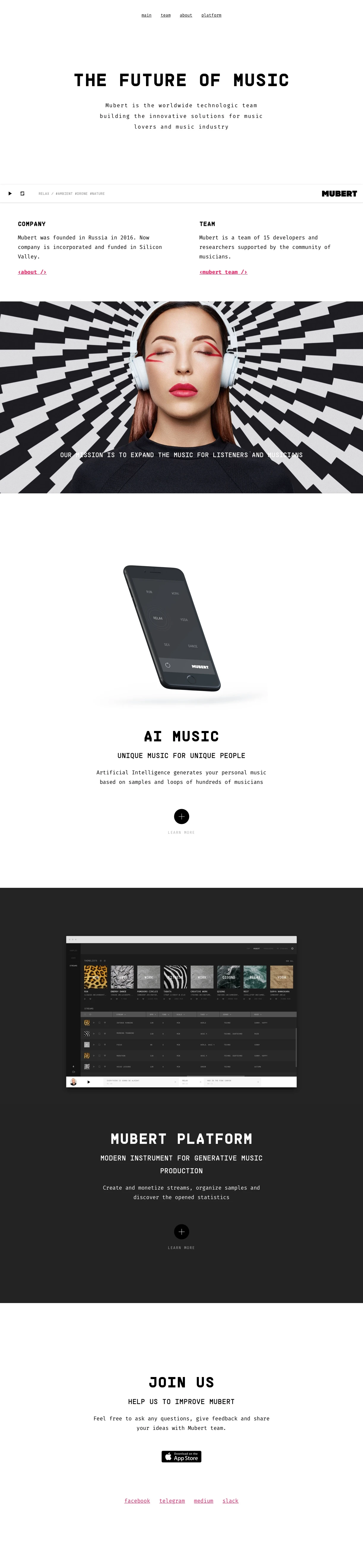 Mubert Landing Page Example: Mubert is the worldwide technologic team building the innovative solutions for music lovers and music industry