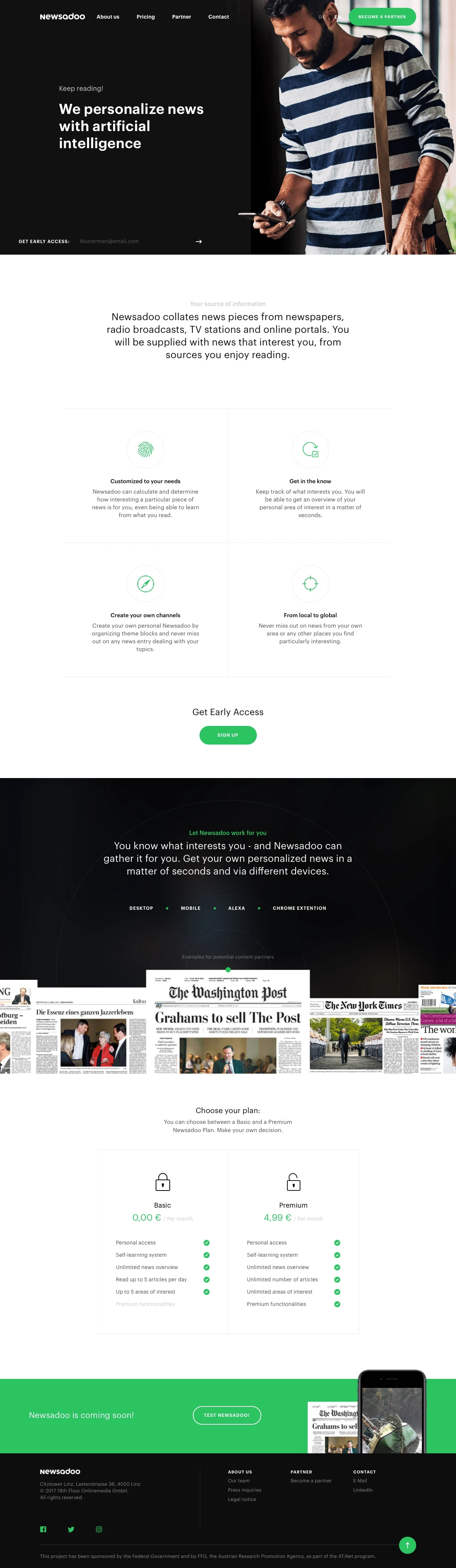 Newsadoo Landing Page Example: Collates news pieces from newspapers, radio broadcasts, TV stations and online portals. You will be supplied with news that interest you, from sources you enjoy reading.