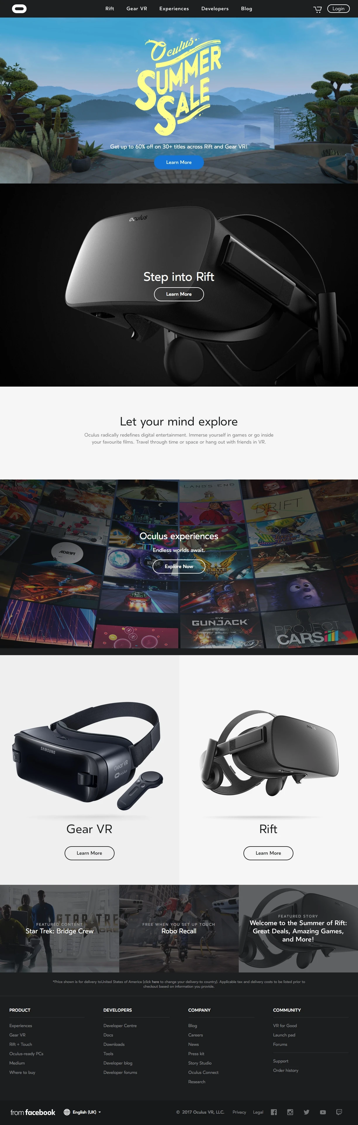 Oculus Landing Page Example: Oculus is making it possible to experience anything, anywhere, through the power of virtual reality.