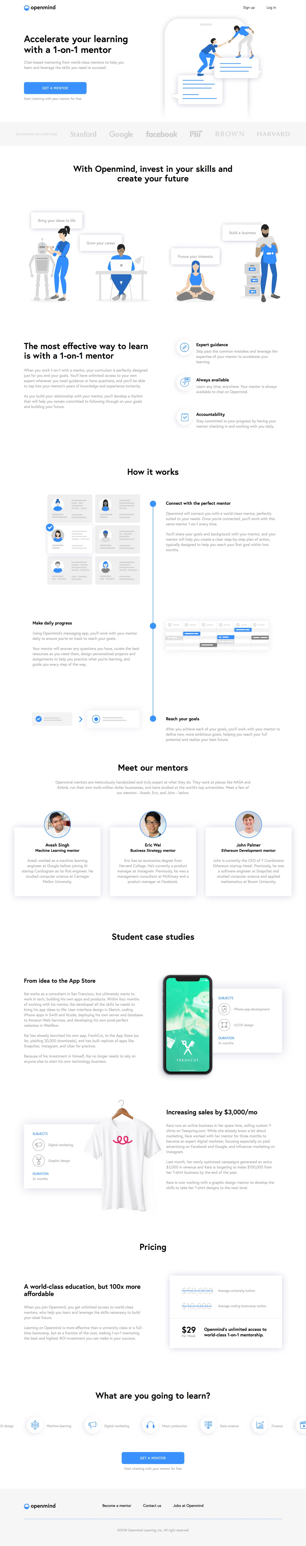 Openmind Landing Page Example: Chat-based mentoring from world-class mentors to help you learn and leverage the skills you need to succeed.