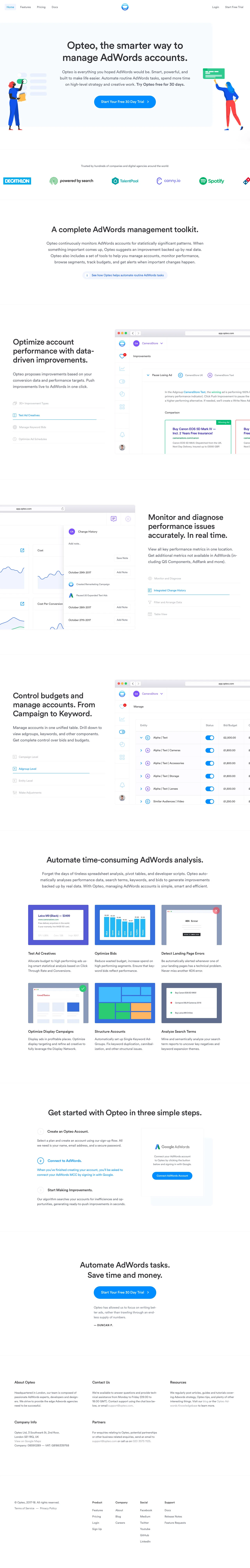 Opteo Landing Page Example: Opteo is everything you hoped AdWords would be. Smart, powerful, and built to make life easier. Automate routine AdWords tasks, spend more time on high-level strategy and creative work.