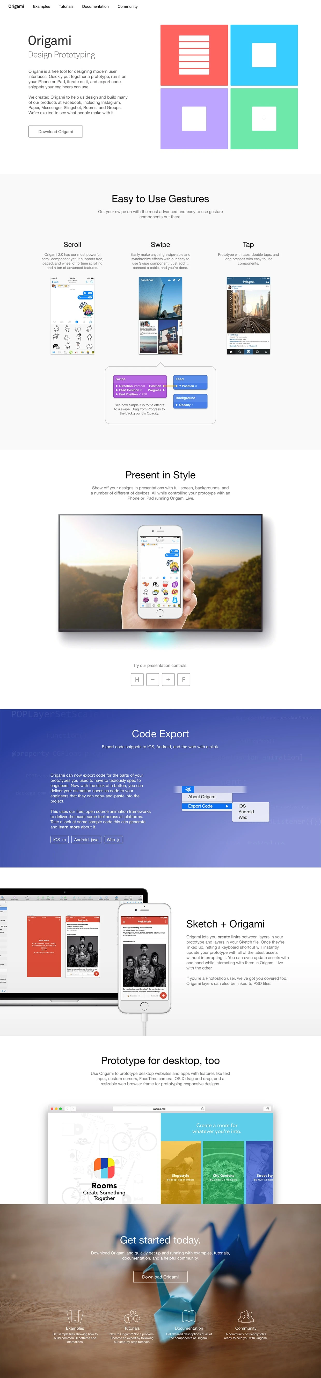 Origami Landing Page Example: Origami is a free tool for designing modern user interfaces.