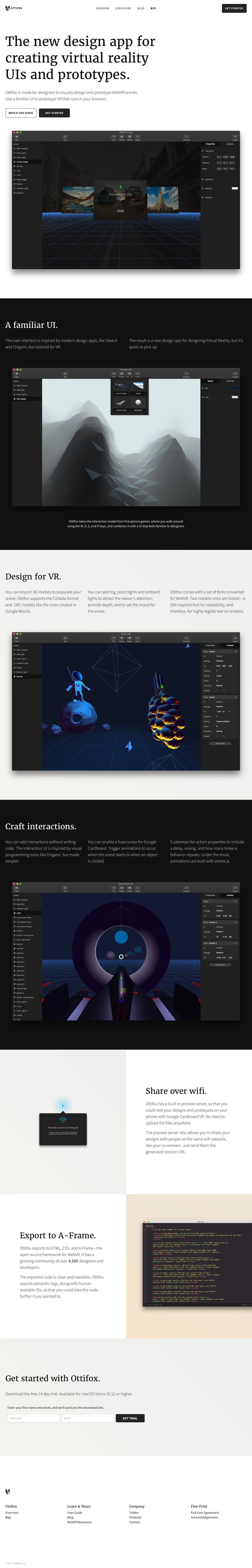 Ottifox Landing Page Example: Ottifox is made for designers to visually design and prototype WebVR scenes.