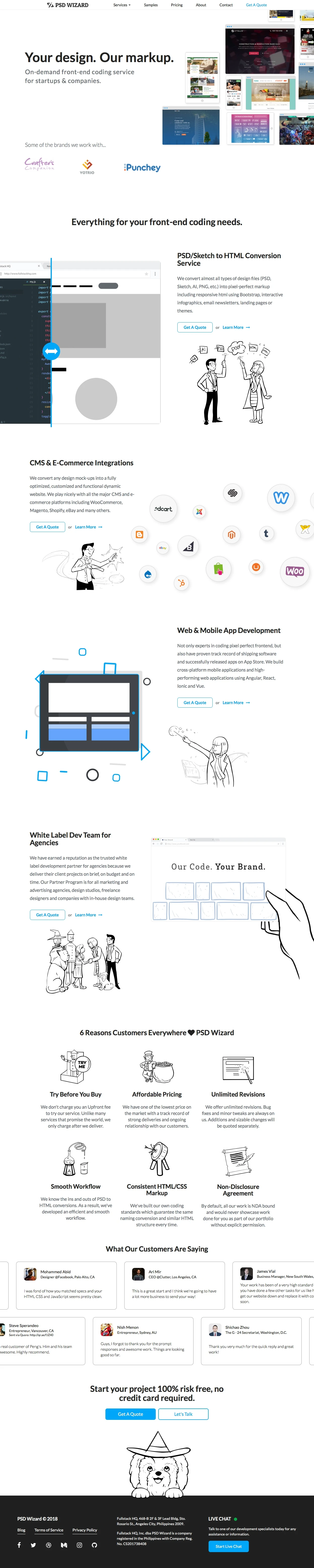 PSD Wizard Landing Page Example: On-demand front-end coding service for startups & companies.