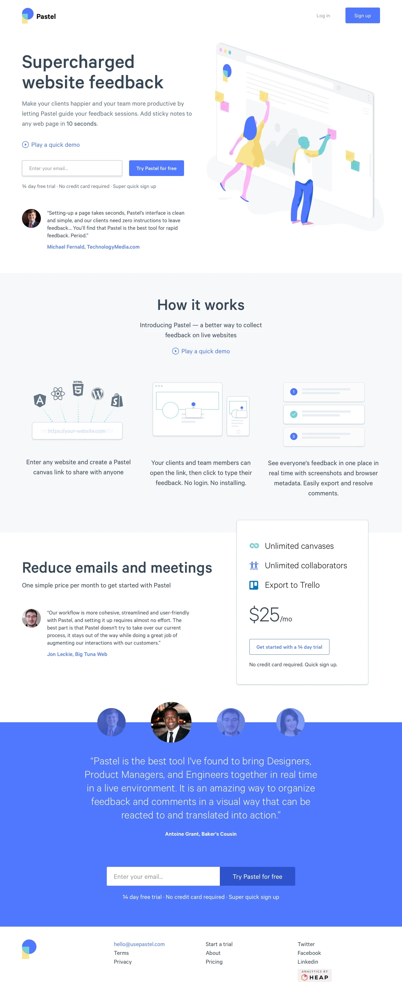 Pastel Landing Page Example: Make your clients happier and your team more productive by letting Pastel guide your feedback sessions. Add sticky notes to any web page in 10 seconds.