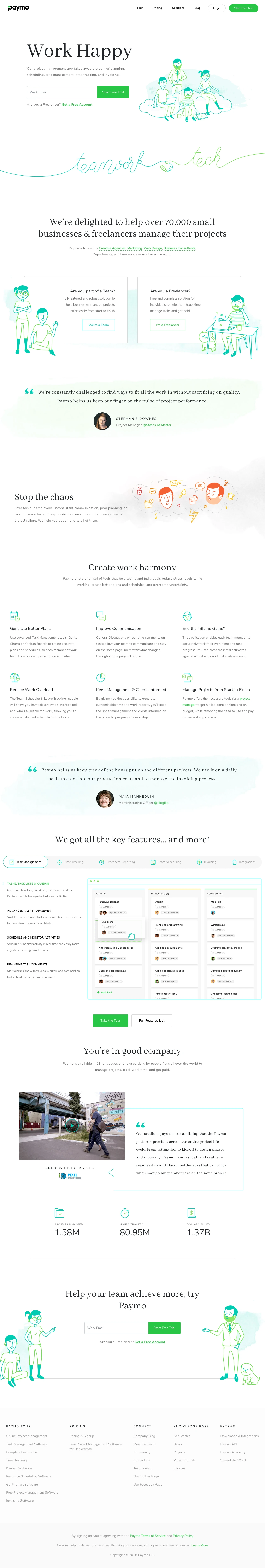 Paymo Landing Page Example: Our project management app takes away the pain of planning, scheduling, task management, time tracking, and invoicing.