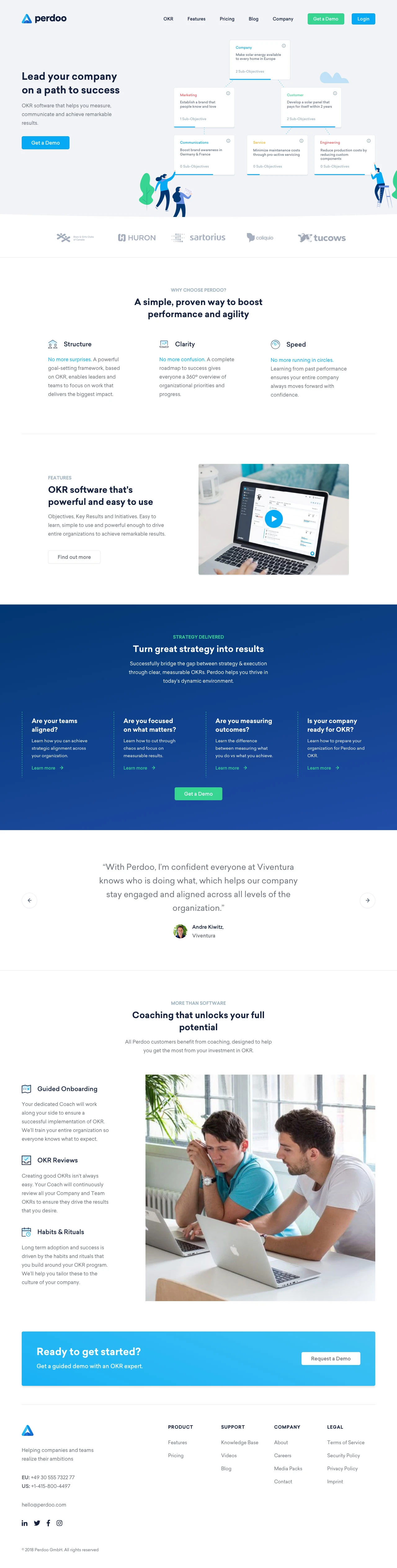 Perdoo Landing Page Example: OKR software for leaders and teams. OKR software that helps you measure, communicate and achieve remarkable results.
