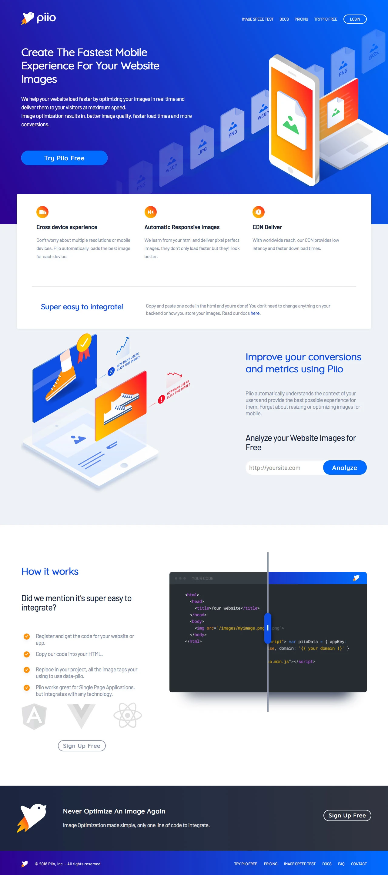 Piio Landing Page Example: We help your webpage load faster by optimizing your images in real time and deliver them to your visitors at maximum speed.