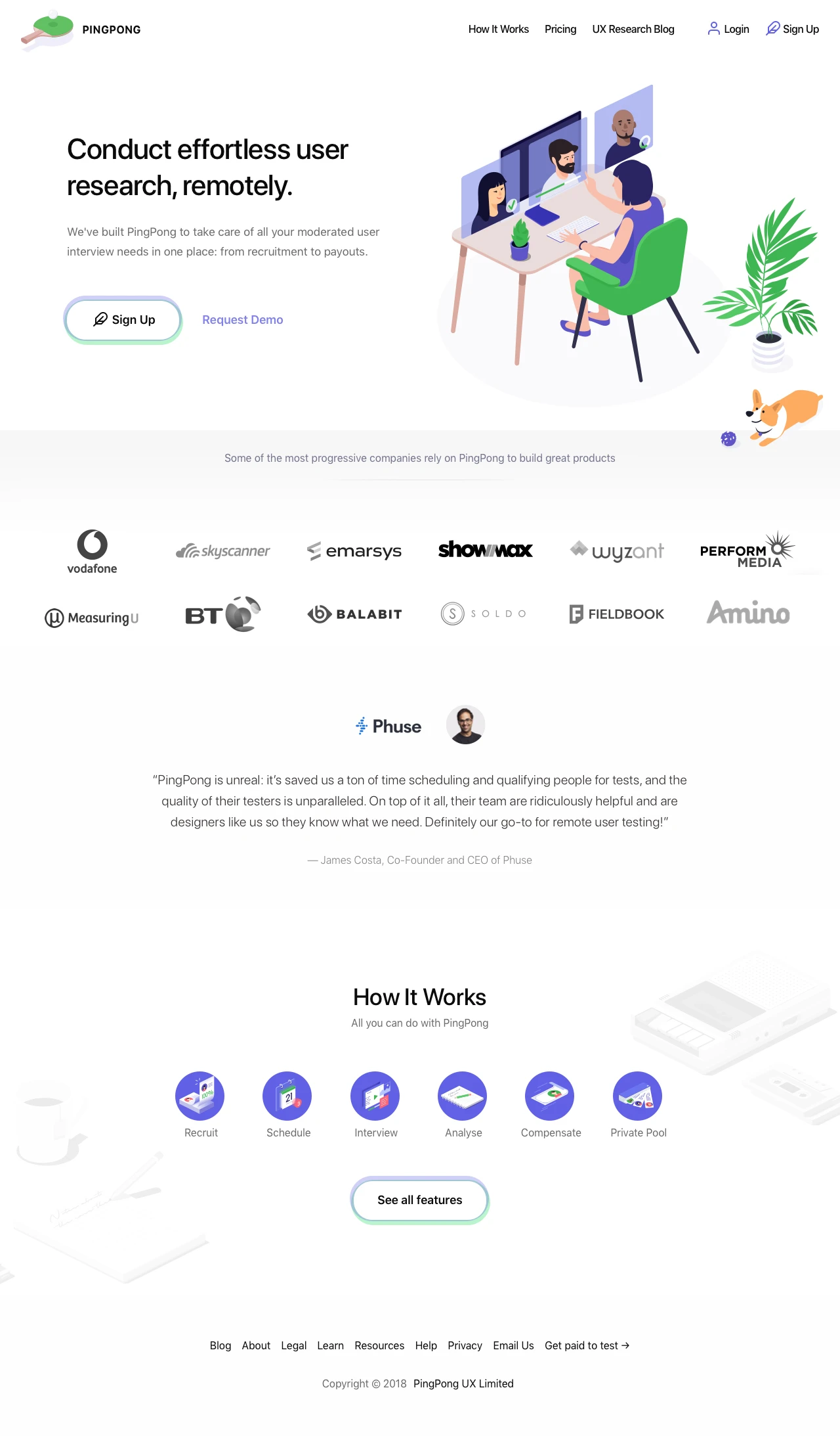 PingPong Landing Page Example: We've built PingPong to take care of all your moderated user interview needs in one place: from recruitment to payouts.