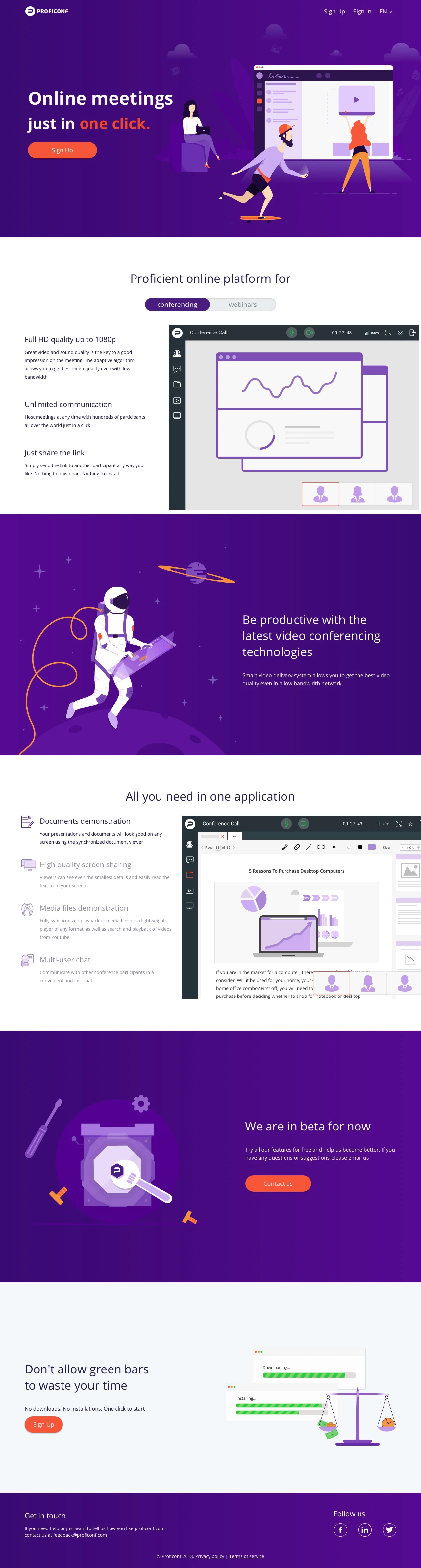 Proficonf Landing Page Example: Make one-click video conferences with up to 500 participants
