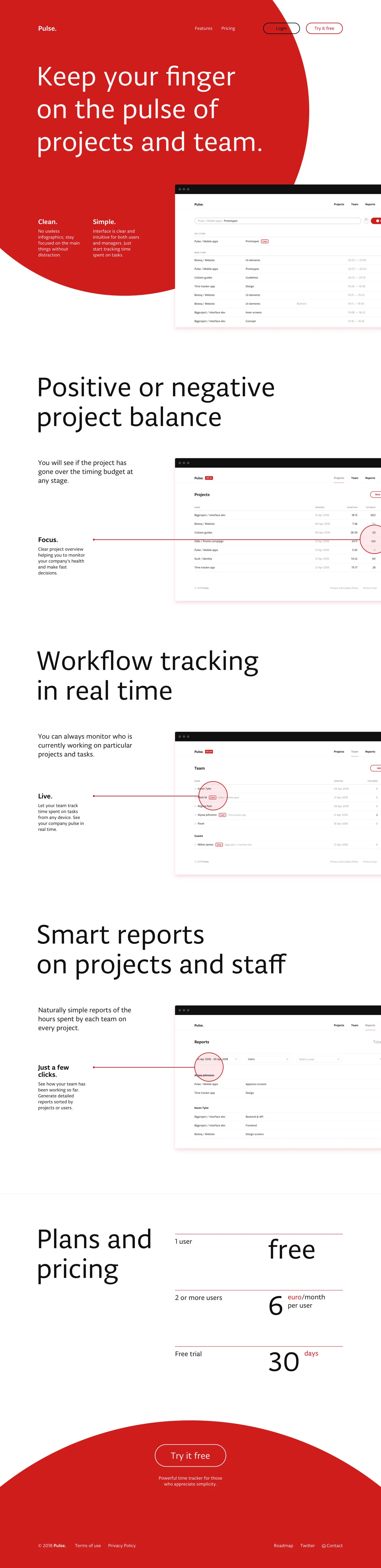 Pulse.red Landing Page Example: Powerful time tracker for those who appriciate simplicity. No useless infographics; stay focused on the main things.