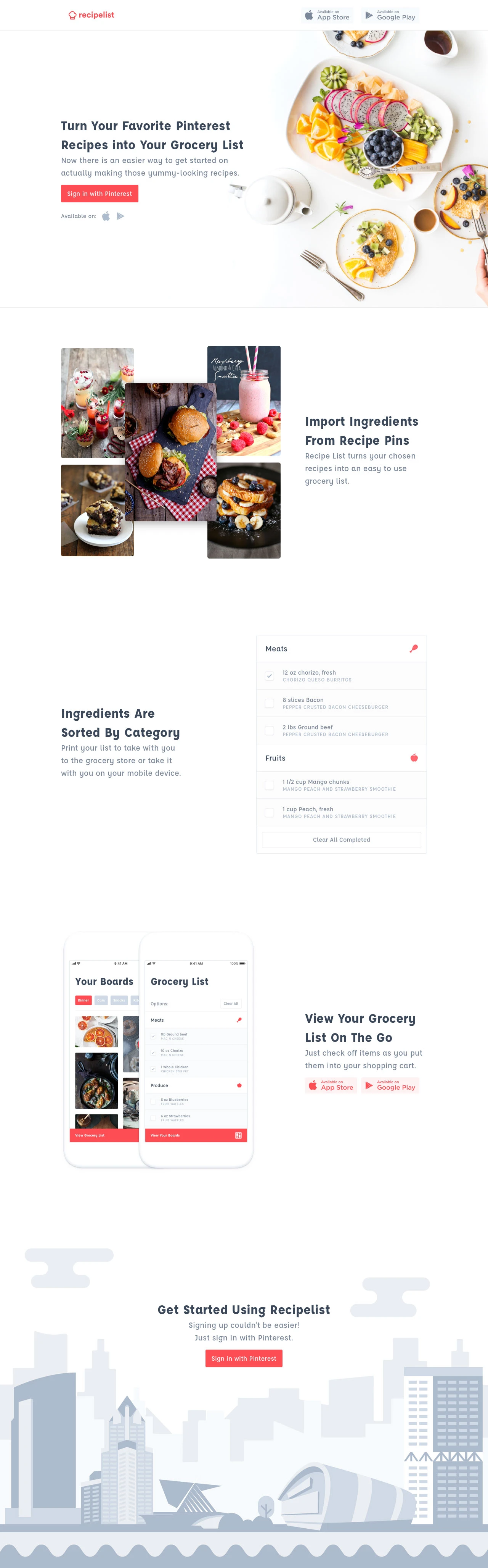 Recipelist Landing Page Example: Import your Pinterest recipes to create grocery lists. Now there is an easier way to get started on actually making those yummy-looking recipes.