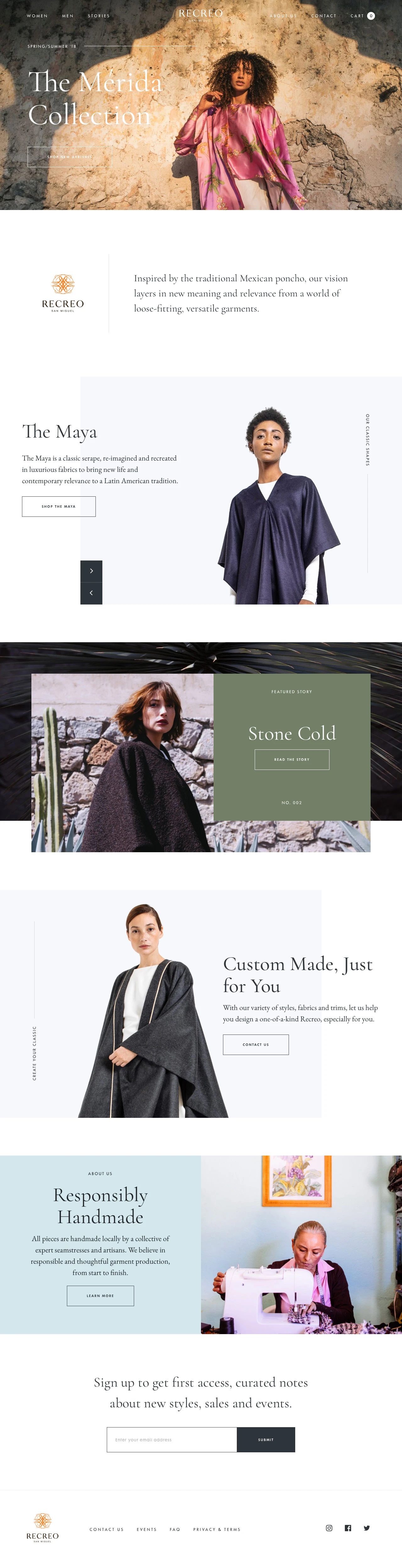 Recreo San Miguel Landing Page Example: A luxury apparel brand inspired by the rich, sophisticated colors, textures and values of Latin America. Exquisite fabrics, impeccable craftsmanship.