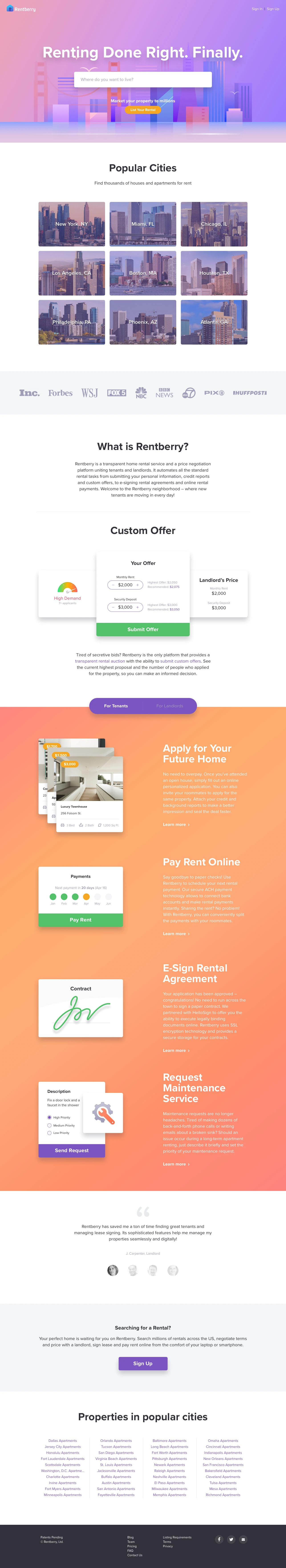 Rentberry Landing Page Example: Rentberry facilitates the long-term rental process for both tenants and homeowners. We help tenants save time on rentals by owners and landlords get true market values for their properties.