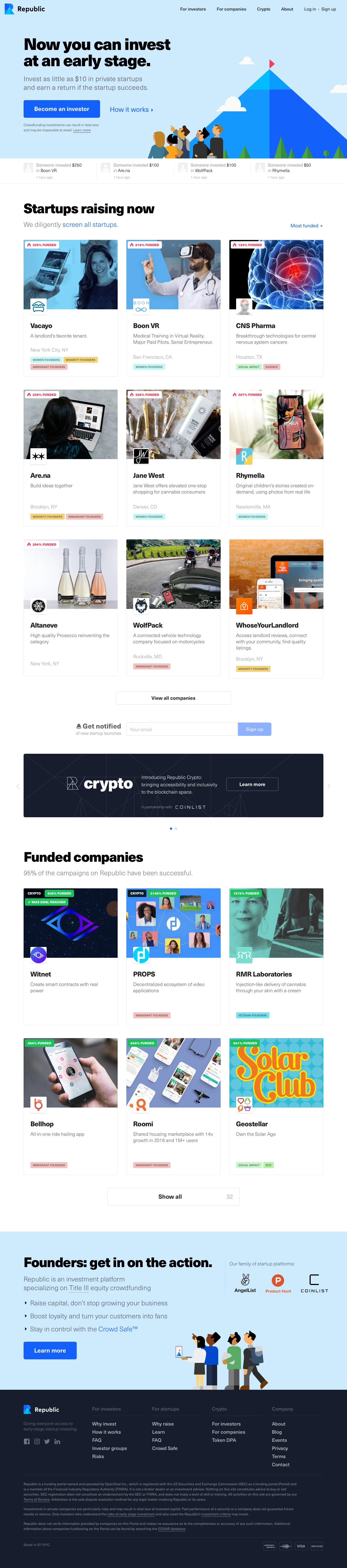 Republic Landing Page Example: An investment platform where you can invest as little as $10 in the startups you believe in.