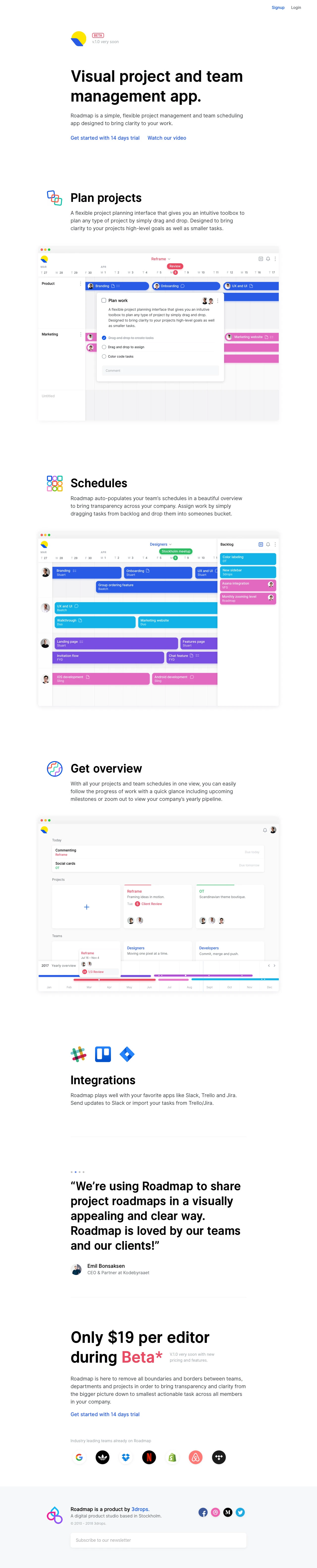 Roadmap Landing Page Example: Roadmap is a simple, flexible project management and team scheduling app designed to bring clarity to your work.