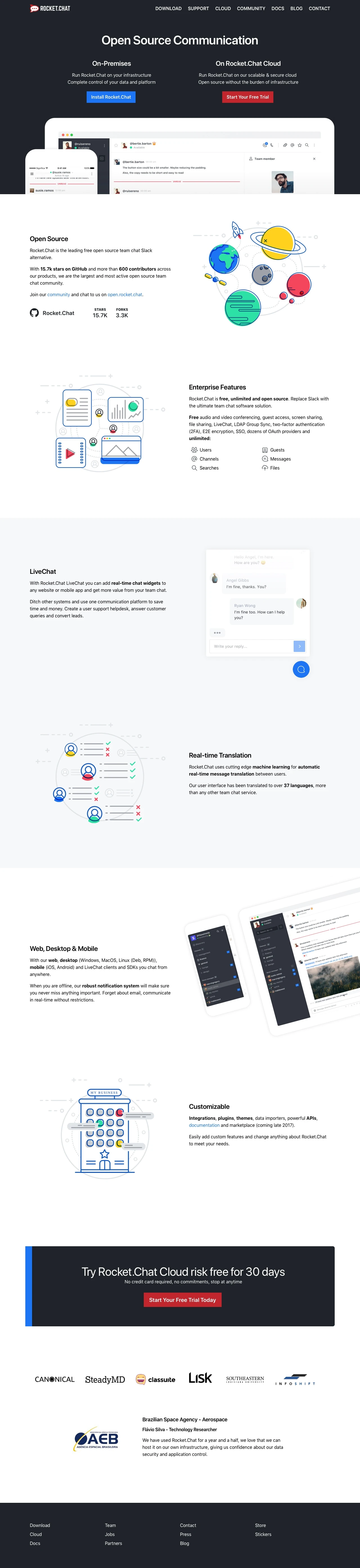 Rocket.Chat Landing Page Example: Rocket.Chat is the leading open source team chat software solution. Free, unlimited and completely customizable with on-premises and SaaS cloud hosting.