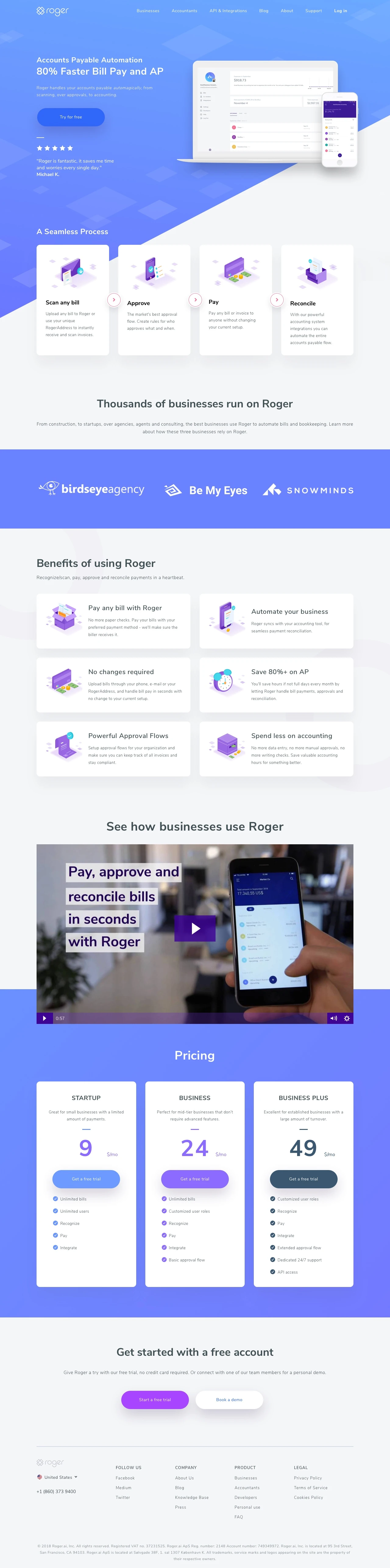 Roger Landing Page Example: AP automation is faster and smarter with Roger: recognize/scan, approval flow, payments, reconcile, audit log and more