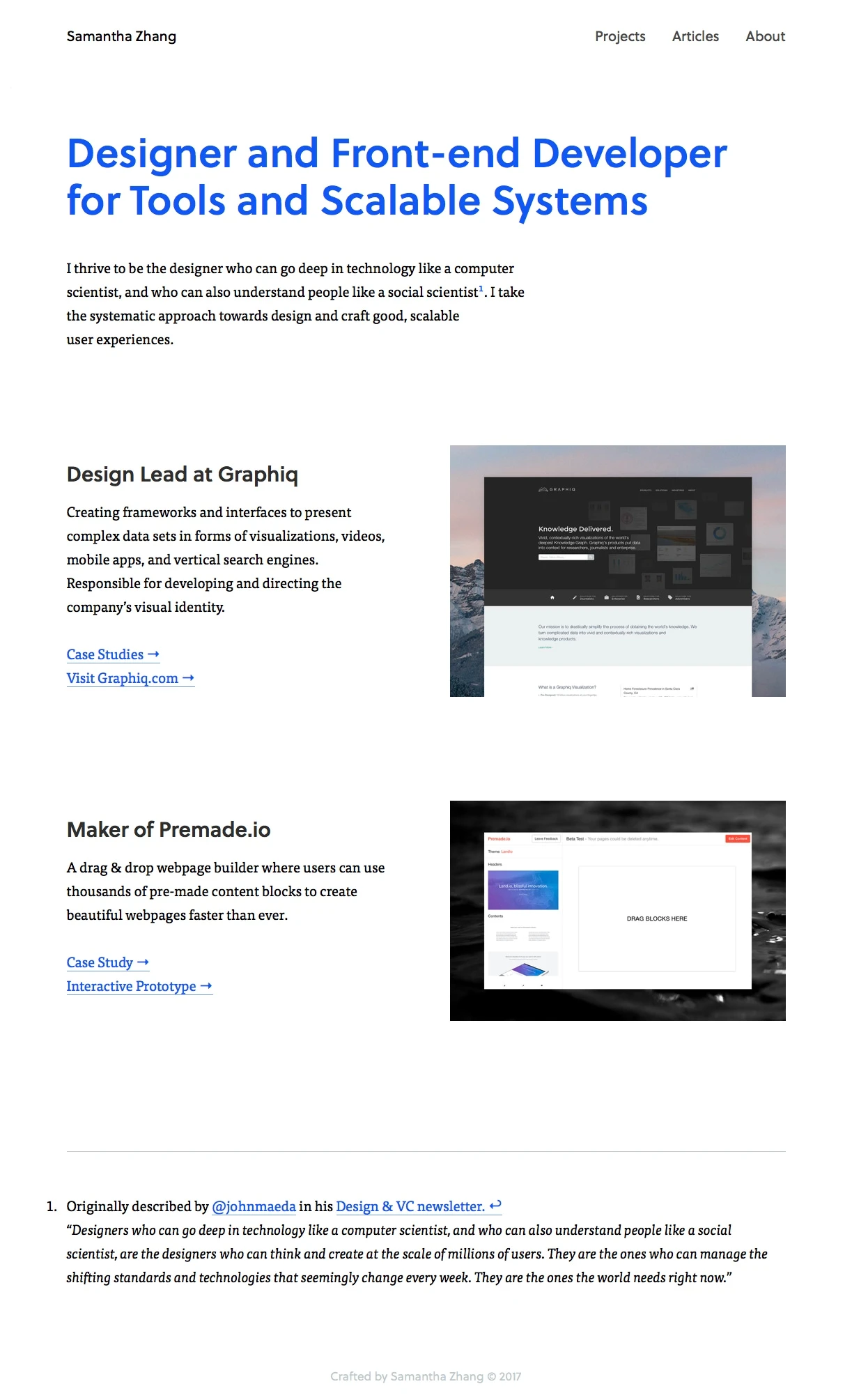 Samantha Zhang Landing Page Example: Designer and Front-end Developer for Tools and Scalable Systems