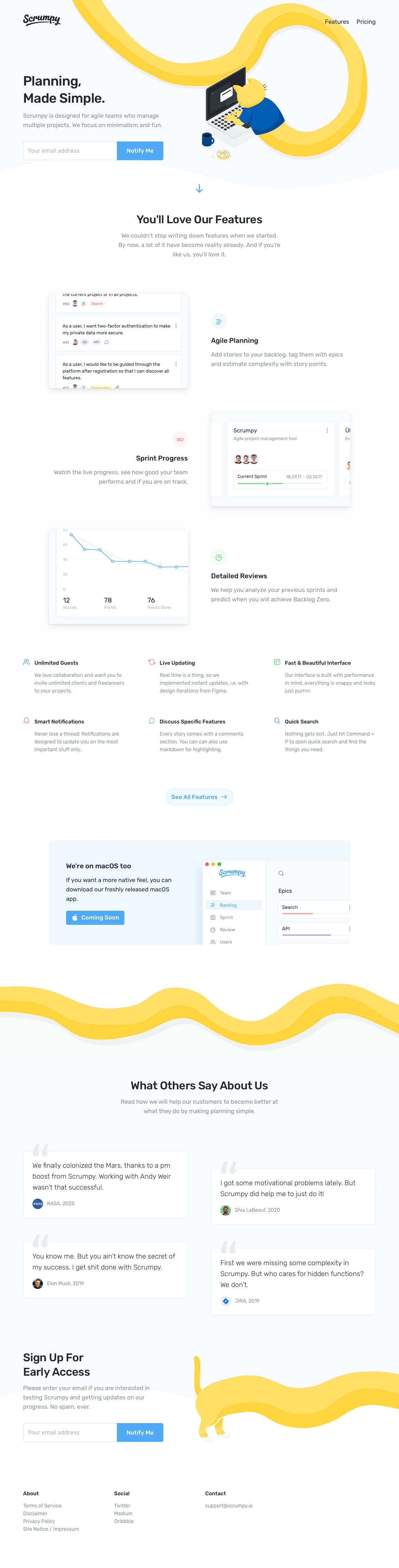 Scrumpy Landing Page Example: Scrumpy is designed for agile teams who manage multiple projects. We focus on minimalism and fun.