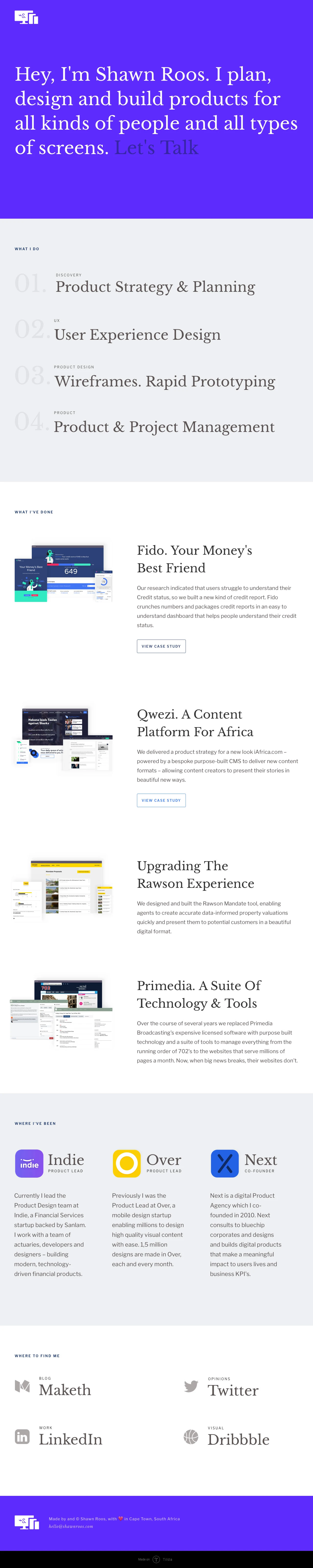 Shawn Roos Landing Page Example: I plan, design and build products for all kinds of people and all types of screens.