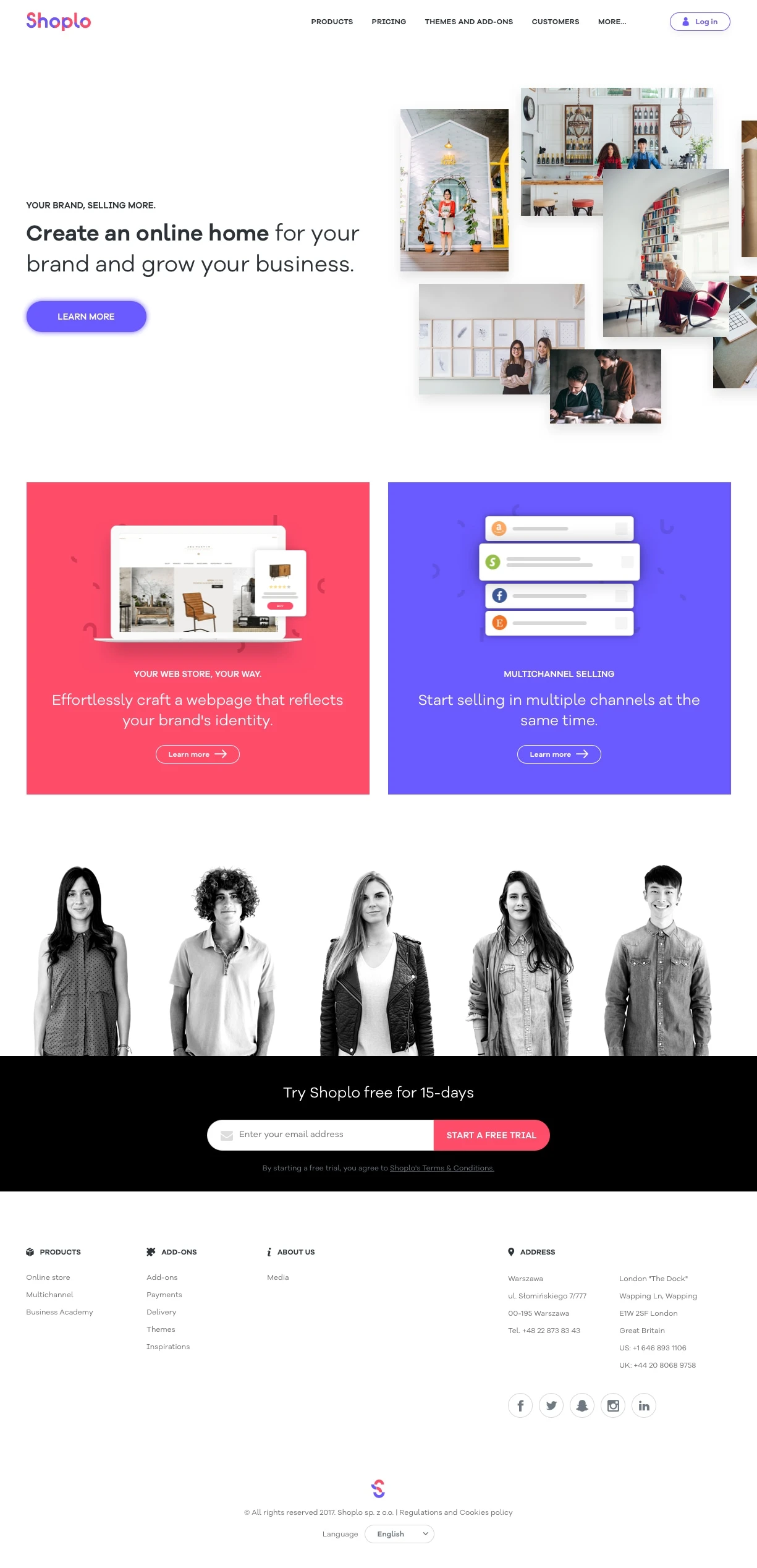 Shoplo Landing Page Example: Sell your products via your own online store and multiple sales channels. Beautiful store themes and multichannel selling all in one place.