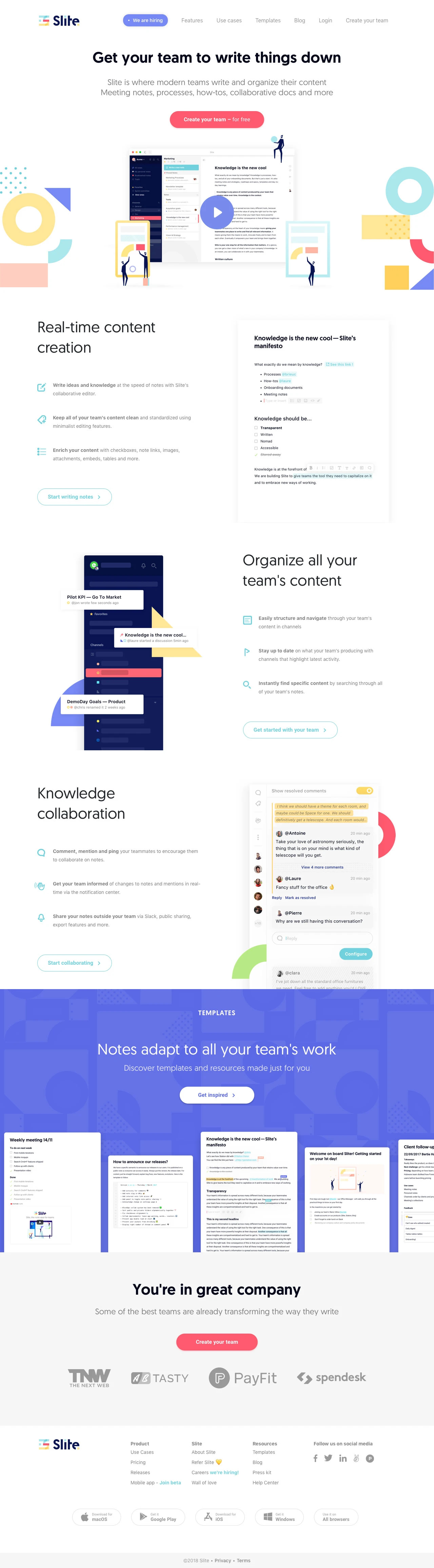 Slite Landing Page Example: Slite is where modern teams write and organize their content Meeting notes, processes, how-tos, collaborative docs and more