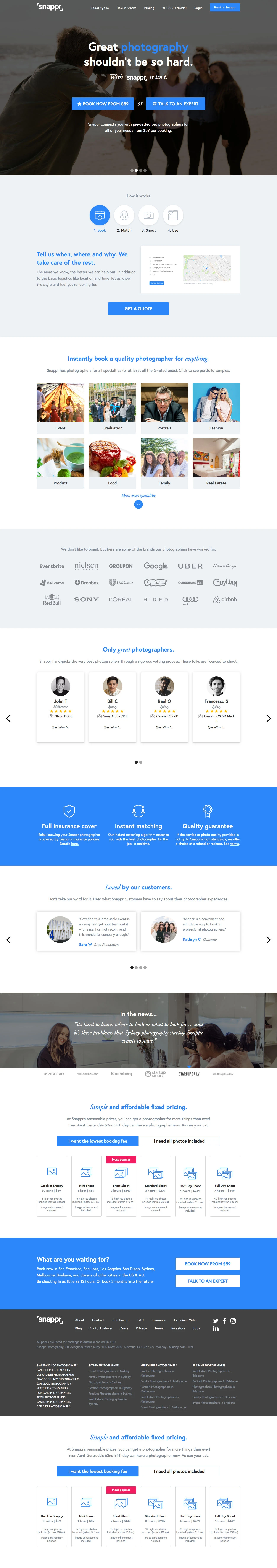 Snappr Photography Landing Page Example: Great photography shouldn't be so hard. Book a Pro Photographer Easily & Affordably