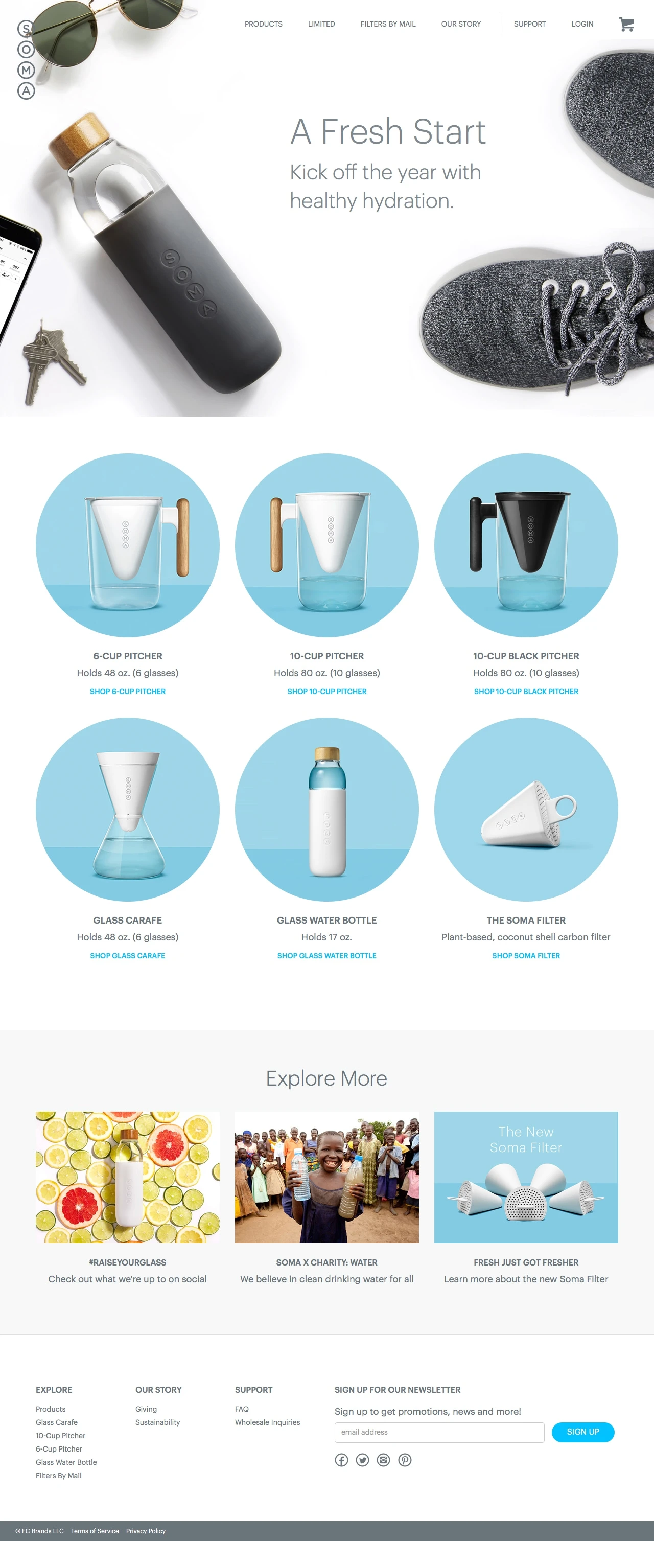 Soma Landing Page Example: At Soma, we're designing beautiful, sustainable products to hydrate the world. Every product purchase supports charitable water projects.