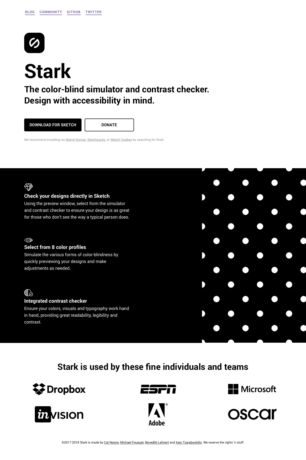Stark Landing Page Example: The color-blind simulator and contrast checker. Design with accessibility in mind.