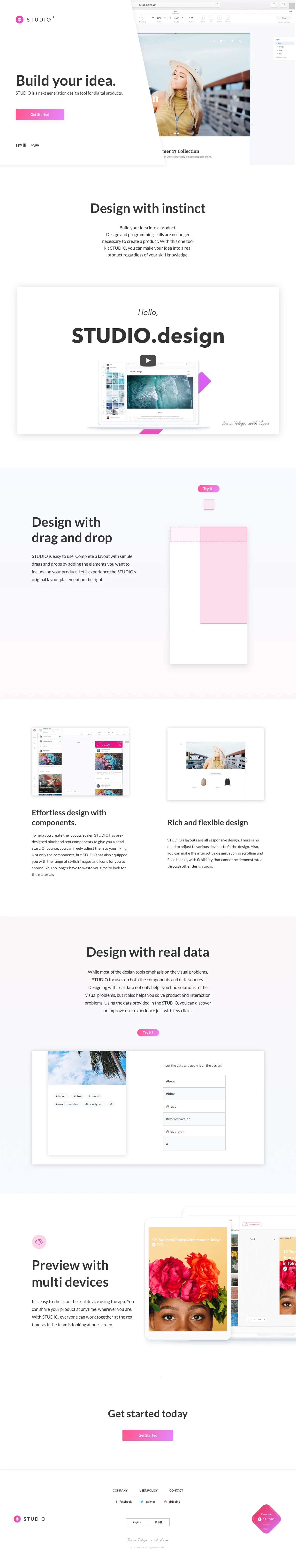 STUDIO Landing Page Example: STUDIO is a UI design tool for a new prototyping that goes beyond your imagination. Our vision is to provide a platform for anyone to change their idea into a real product.