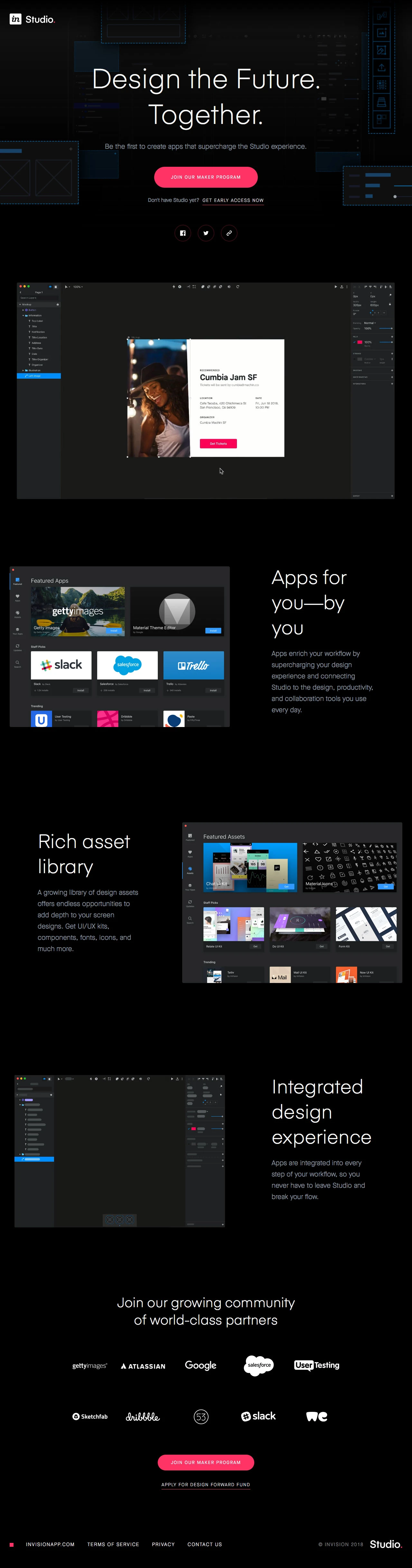 InVision Studio Platform Landing Page Example: Get a first look at the InVision Studio Platform—App Store, Asset Library, and Open API.