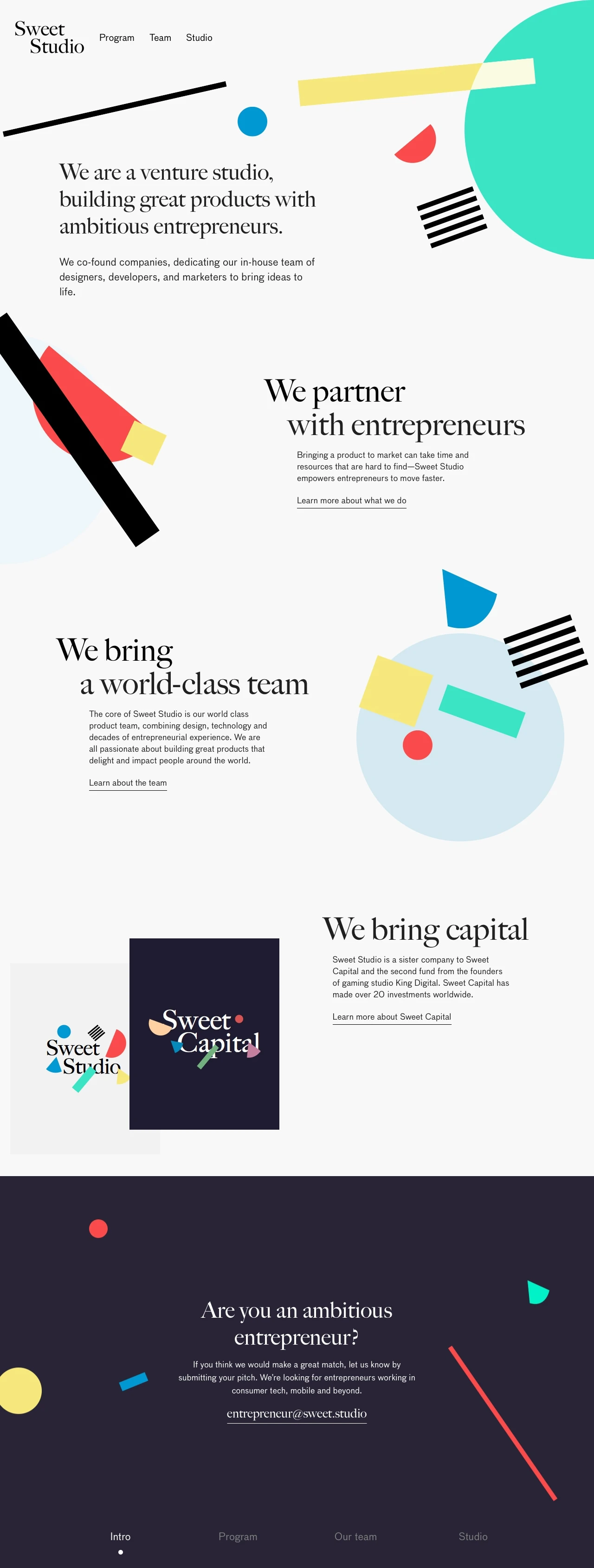 Sweet studio Landing Page Example: We are a venture studio, building great products with ambitious entrepreneurs.