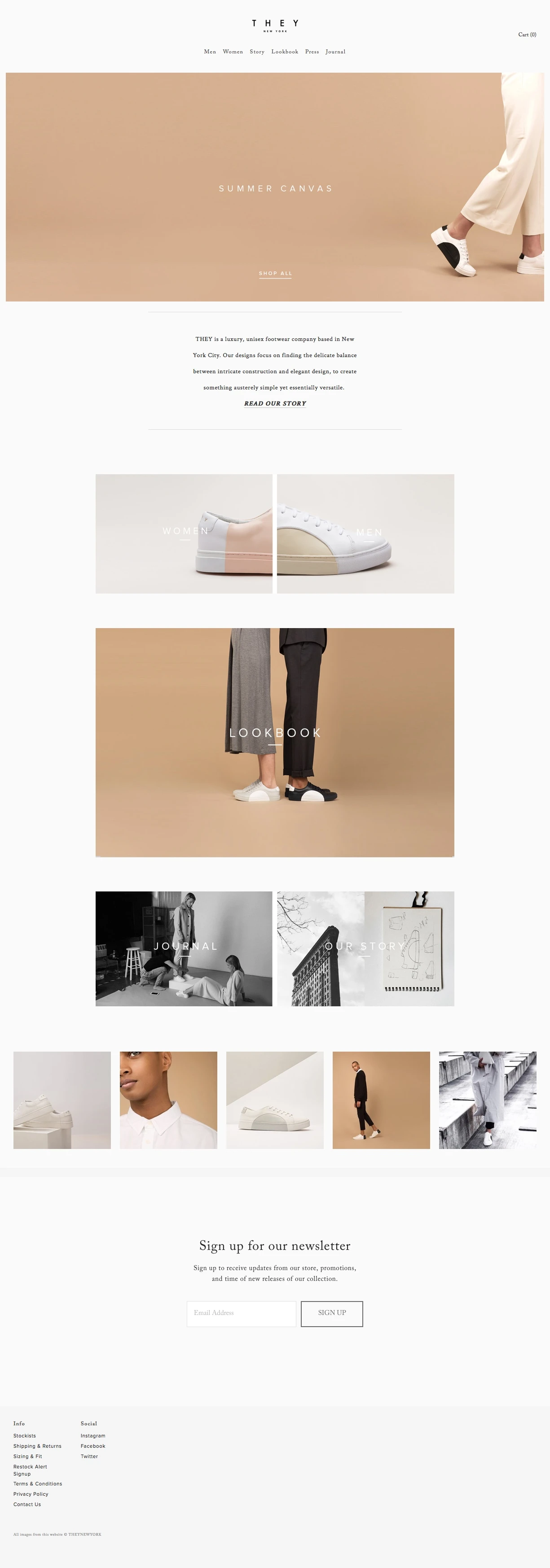 THEY NEW YORK Landing Page Example: Minimalistic unisex sneaker label handcrafted with custom-developed construction methods to ensure a seamless presentation. Inspired by finding the beauty in simplicity through sophisticated design.
