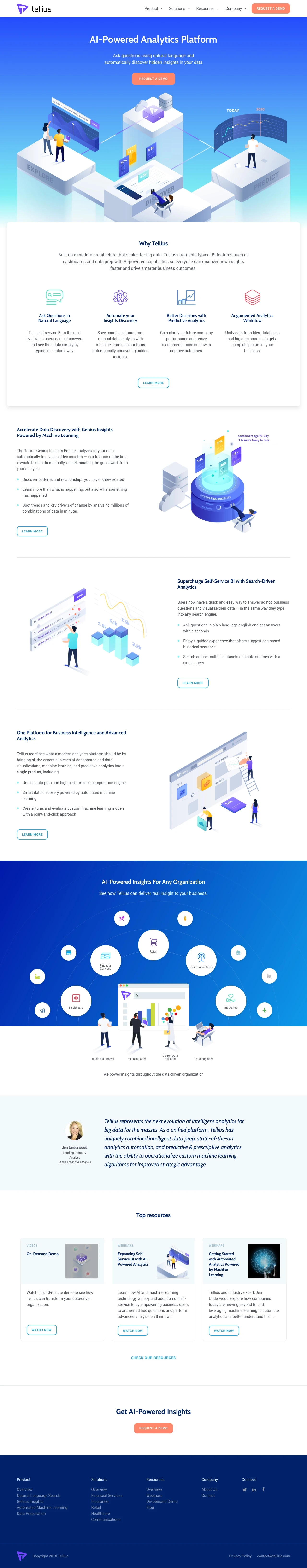Tellius Landing Page Example: Tellius is a business intelligence and analytics platform powered by machine learning that combines natural language search, automated discovery of insights, predictive analytics, interactive dashboards, and big data architecture