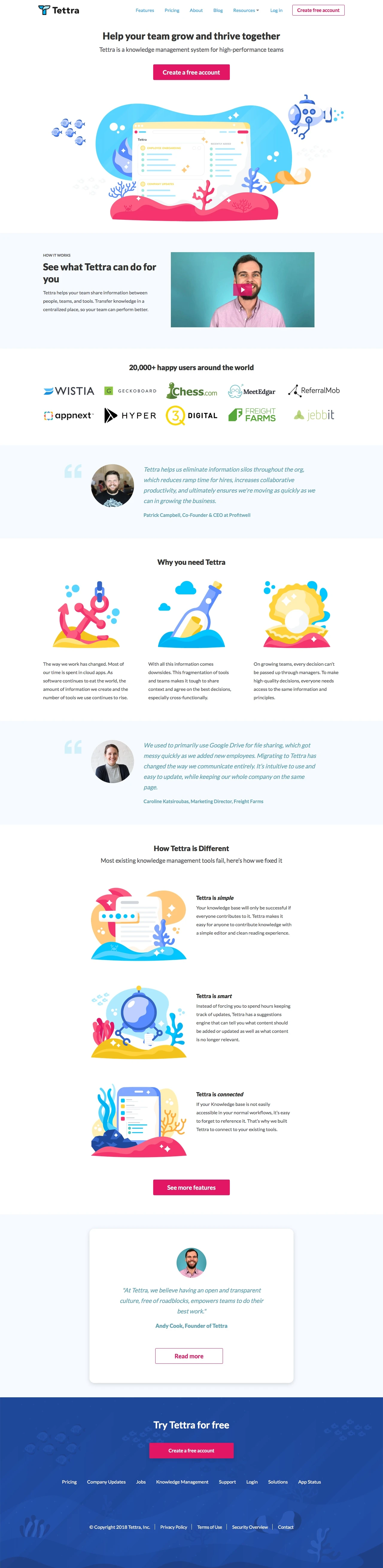 Tettra Landing Page Example: Tettra is a knowledge management system for high-performance teams