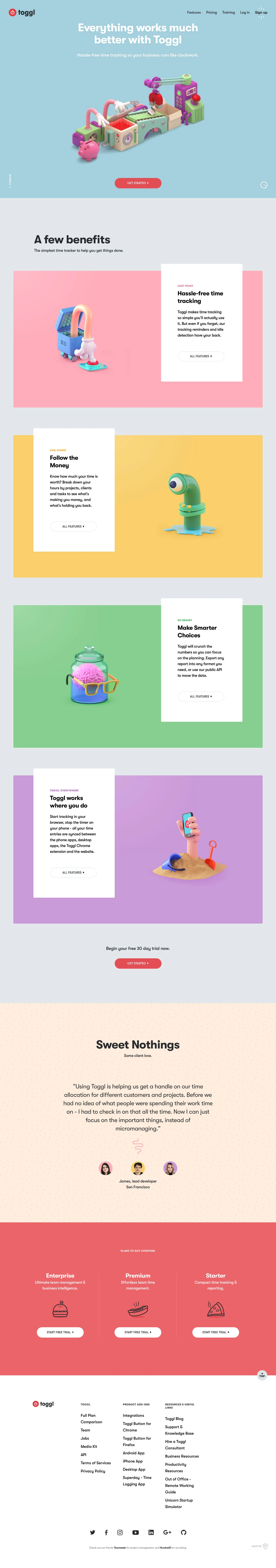 Toggl Landing Page Example: Best time tracking system for a small business. A simple online timer with a powerful timesheet calculator. Hassle-free time tracking so your business runs like clockwork.