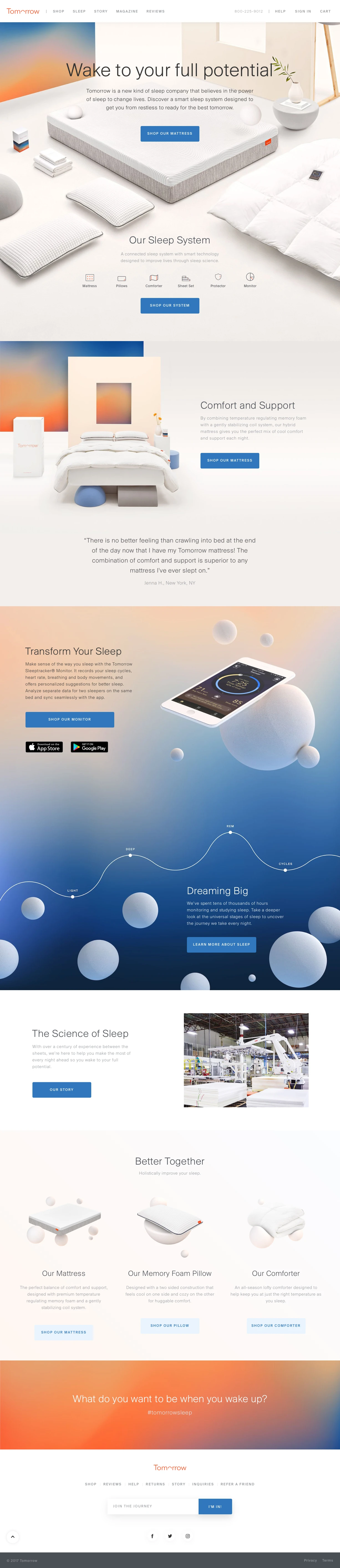 Tomorrow Sleep Landing Page Example: Tomorrow is a new kind of sleep company that believes in the power of sleep to change lives. Discover a smart sleep system designed to get you from restless to ready for the best tomorrow.